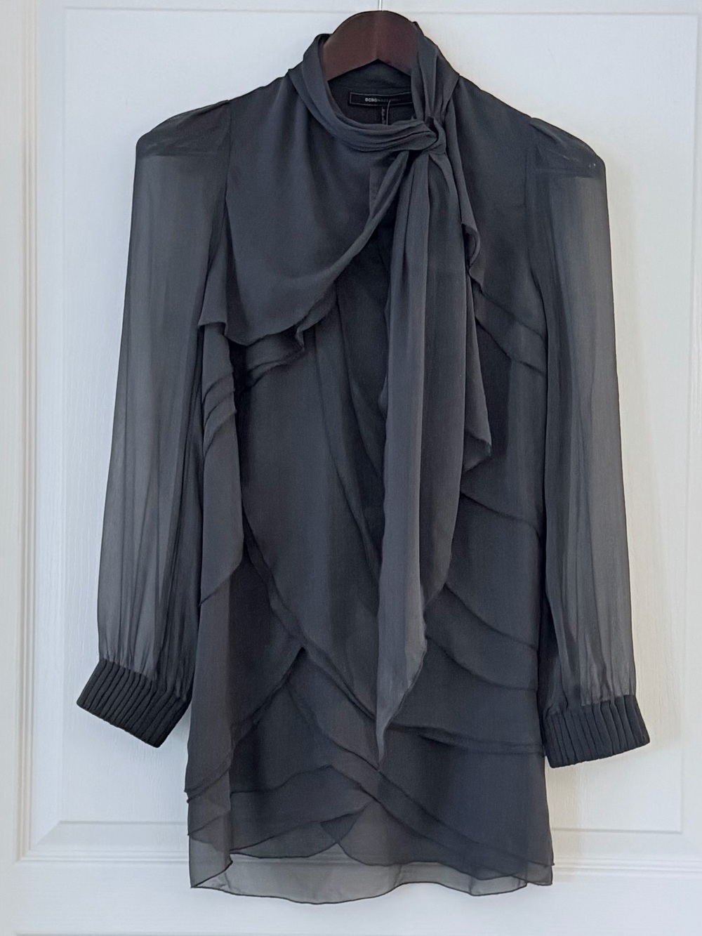 BCBGMaxAzria Dark Gray Chiffon Tie-Neck Blouse